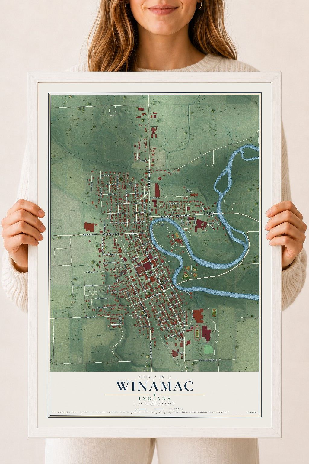 Map of Winamac, Indiana, 18 x 24 inch print in a white wood frame
