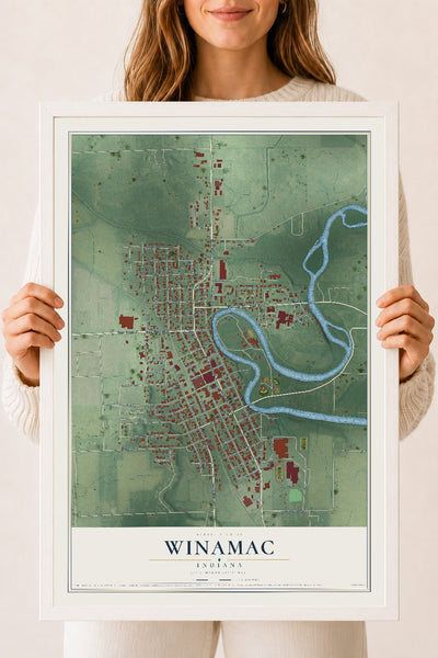 Map of Winamac, Indiana, 18 x 24 inch print in a white wood frame