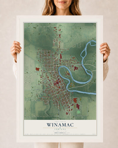 Map of Winamac, Indiana, 24 x 36 inch print in a white wood frame