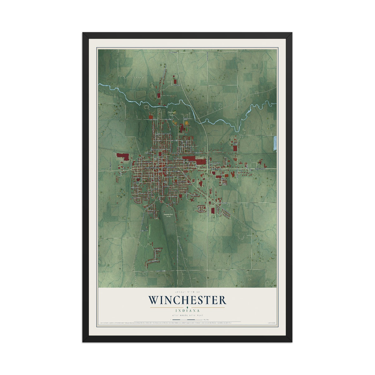 Map of Winchester, Indiana, 12 x 18 inch print in a black wood frame