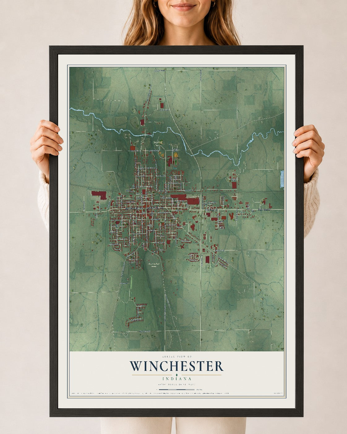 Map of Winchester, Indiana, 24 x 36 inch print in a black wood frame