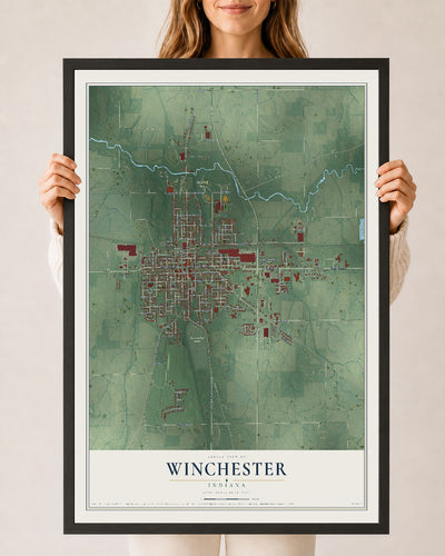 Map of Winchester, Indiana, 24 x 36 inch print in a black wood frame