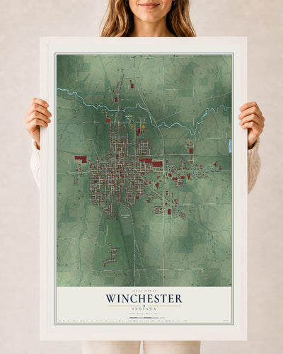 Map of Winchester, Indiana, 24 x 36 inch print in a white wood frame