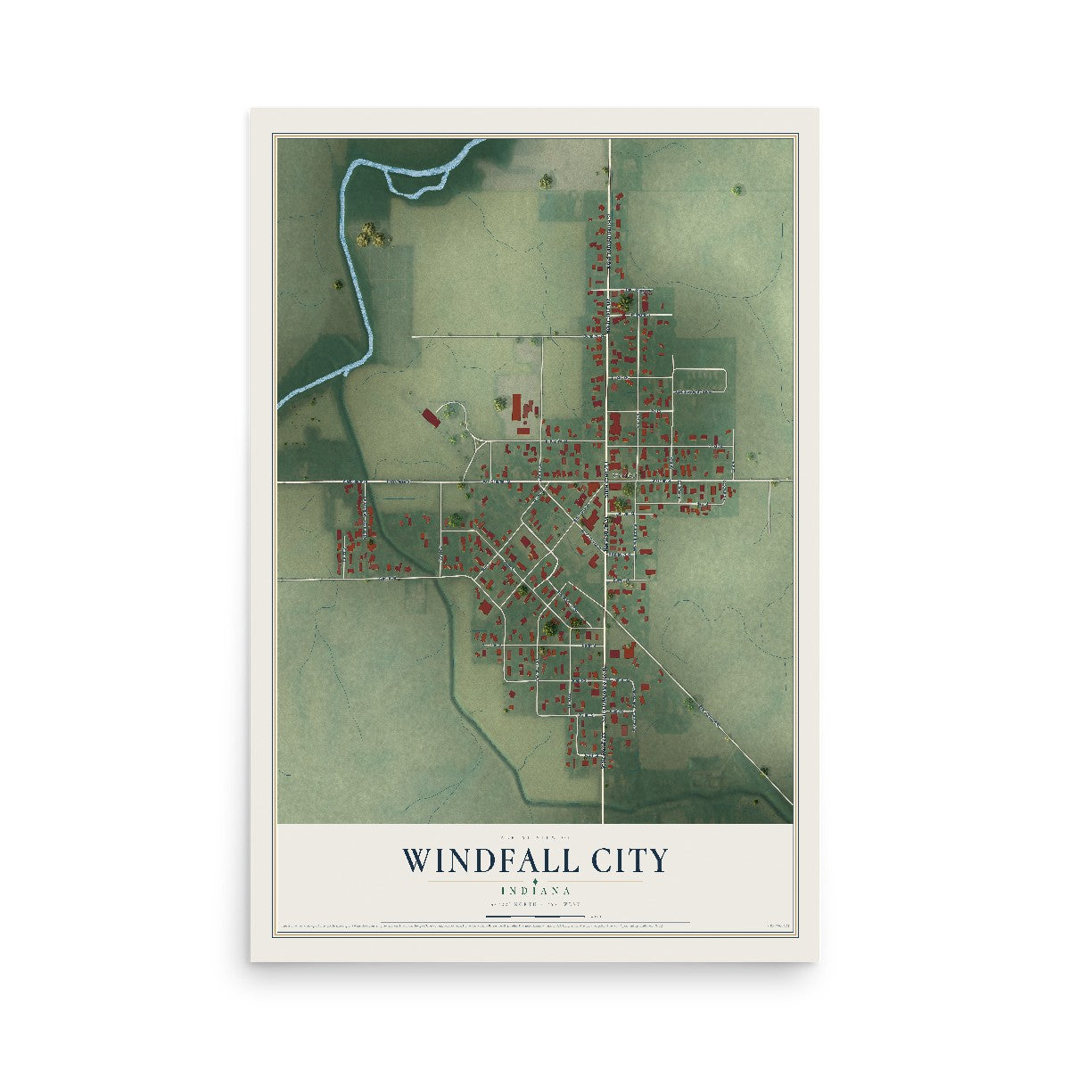Map of Windfall City, Indiana, 12 x 18 inch unframed archival matte print