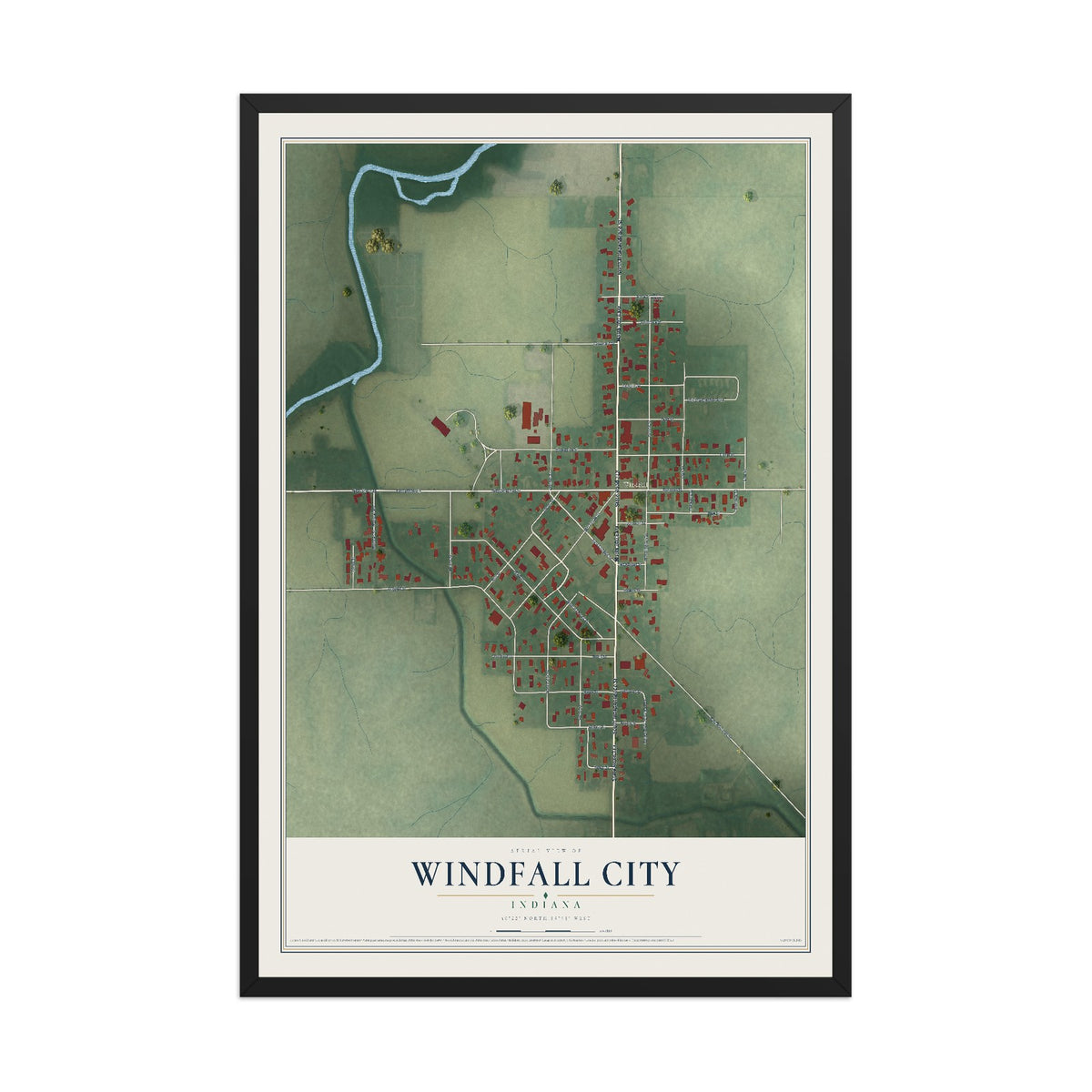 Map of Windfall City, Indiana, 12 x 18 inch print in a black wood frame