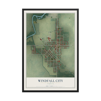 Map of Windfall City, Indiana, 12 x 18 inch print in a black wood frame
