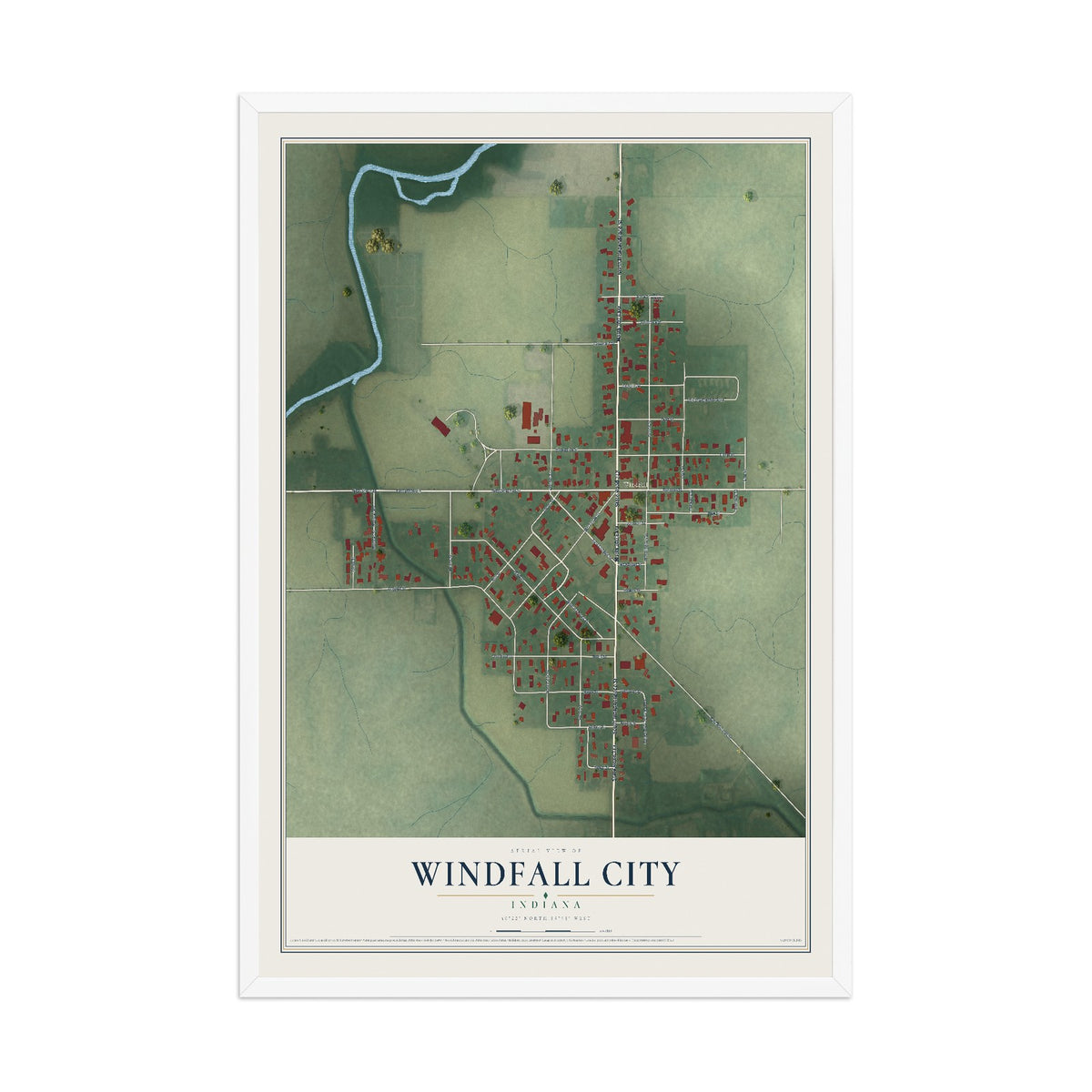 Map of Windfall City, Indiana, 12 x 18 inch print in a white wood frame