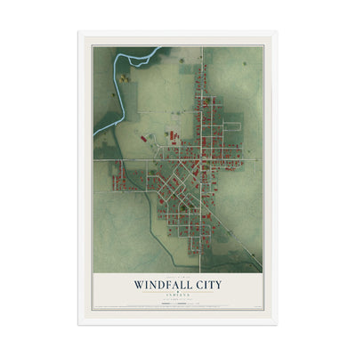 Map of Windfall City, Indiana, 12 x 18 inch print in a white wood frame