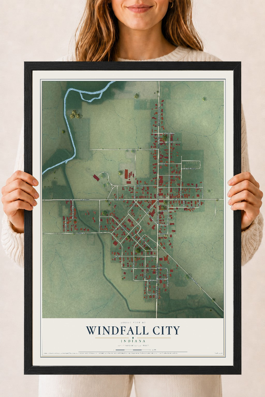 Map of Windfall City, Indiana, 18 x 24 inch print in a black wood frame