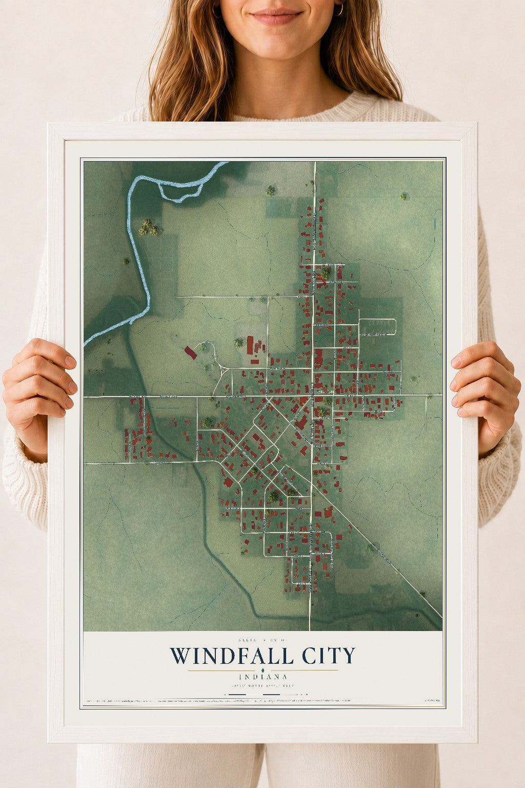 Map of Windfall City, Indiana, 18 x 24 inch print in a white wood frame