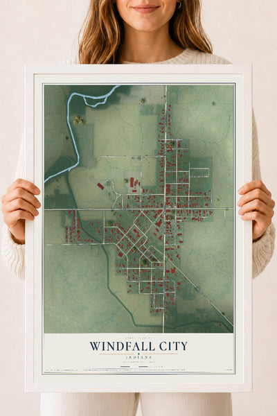 Map of Windfall City, Indiana, 18 x 24 inch print in a white wood frame