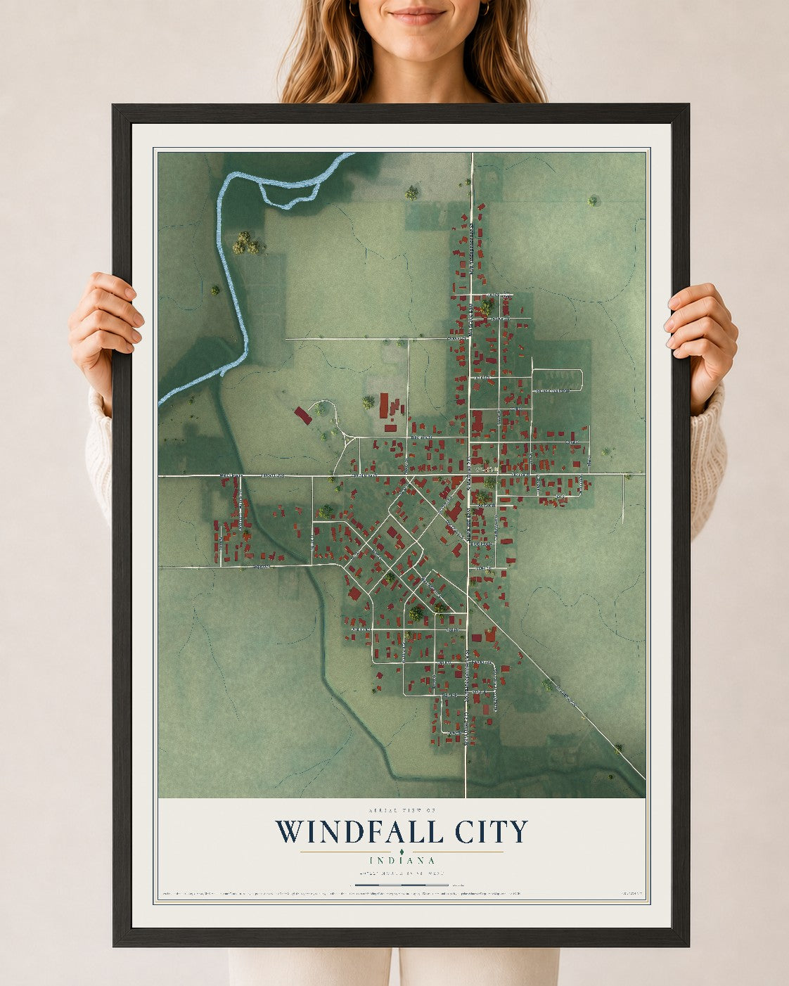 Map of Windfall City, Indiana, 24 x 36 inch print in a black wood frame