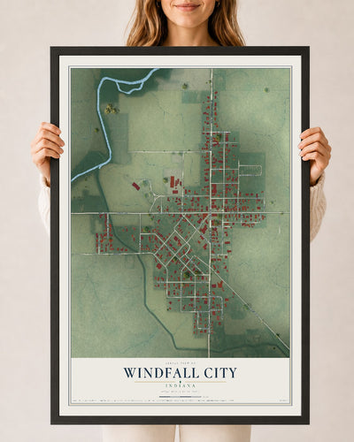 Map of Windfall City, Indiana, 24 x 36 inch print in a black wood frame