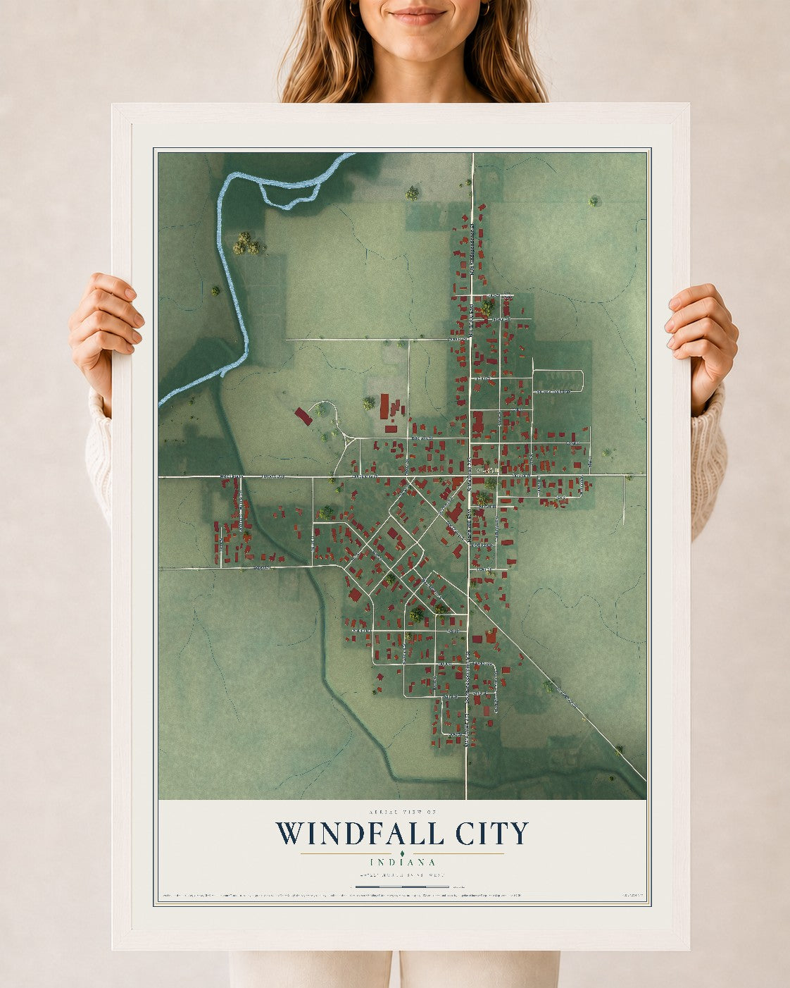 Map of Windfall City, Indiana, 24 x 36 inch print in a white wood frame
