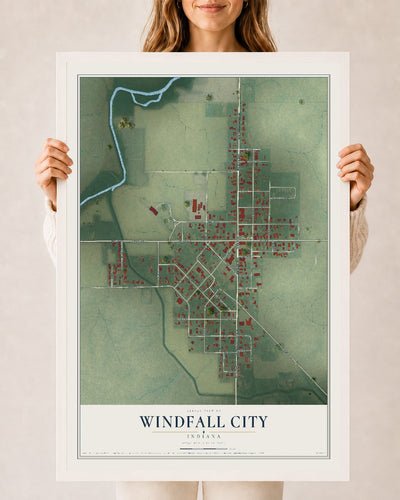 Map of Windfall City, Indiana, 24 x 36 inch print in a white wood frame