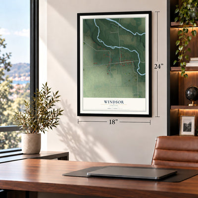 Windsor, Indiana map, 18 x 24 inch print in a black frame in a home office