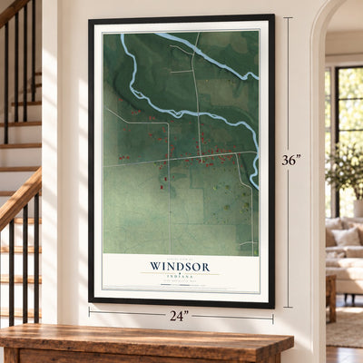 Windsor, Indiana map, 24 x 36 inch print in a black frame by a staircase