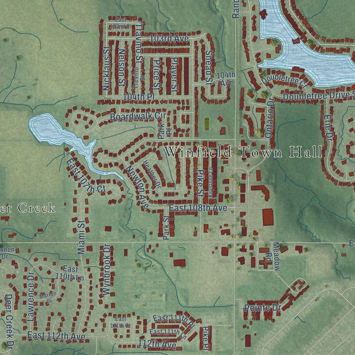 Close-up of the map of Winfield, Indiana print showing street and building detail