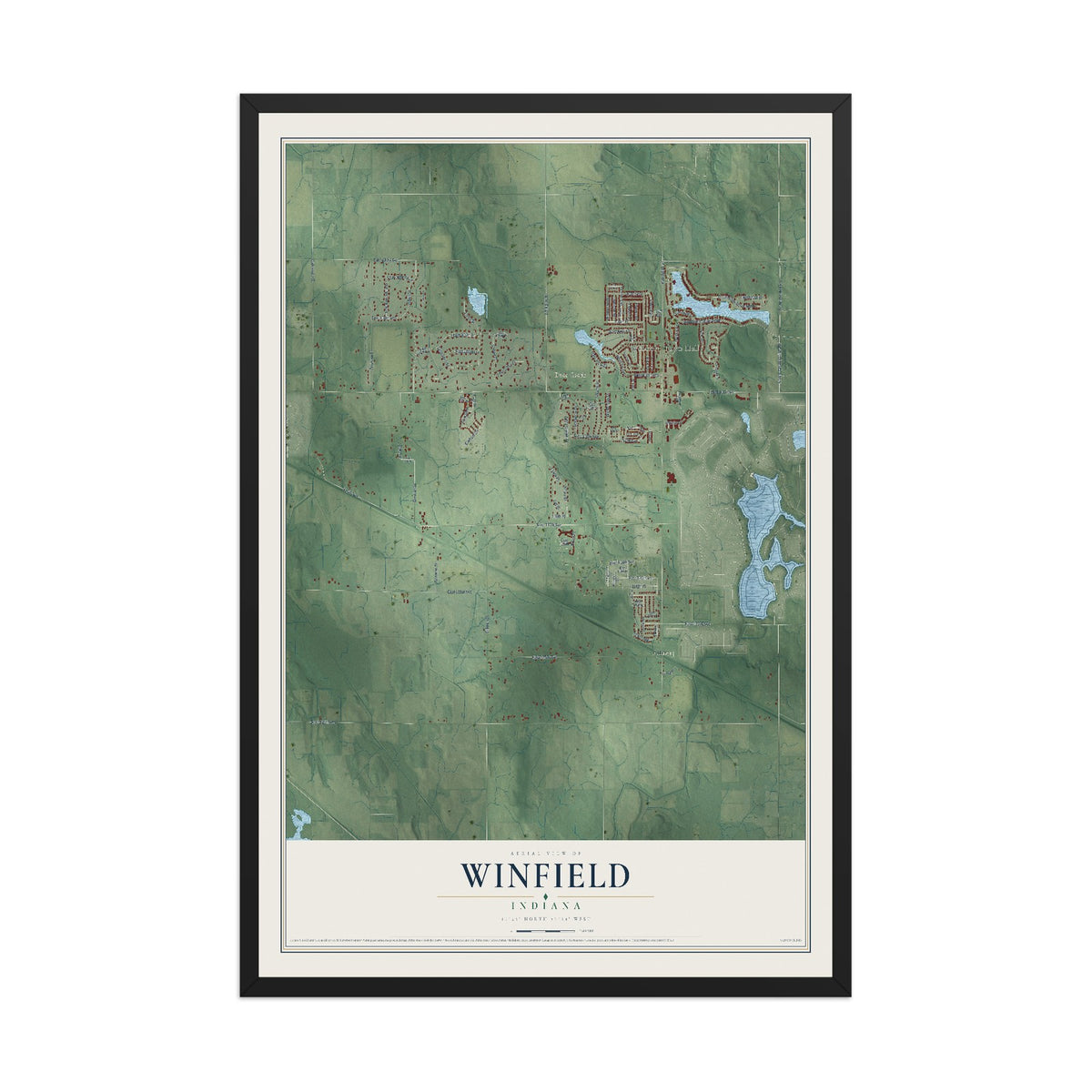 Map of Winfield, Indiana, 12 x 18 inch print in a black wood frame