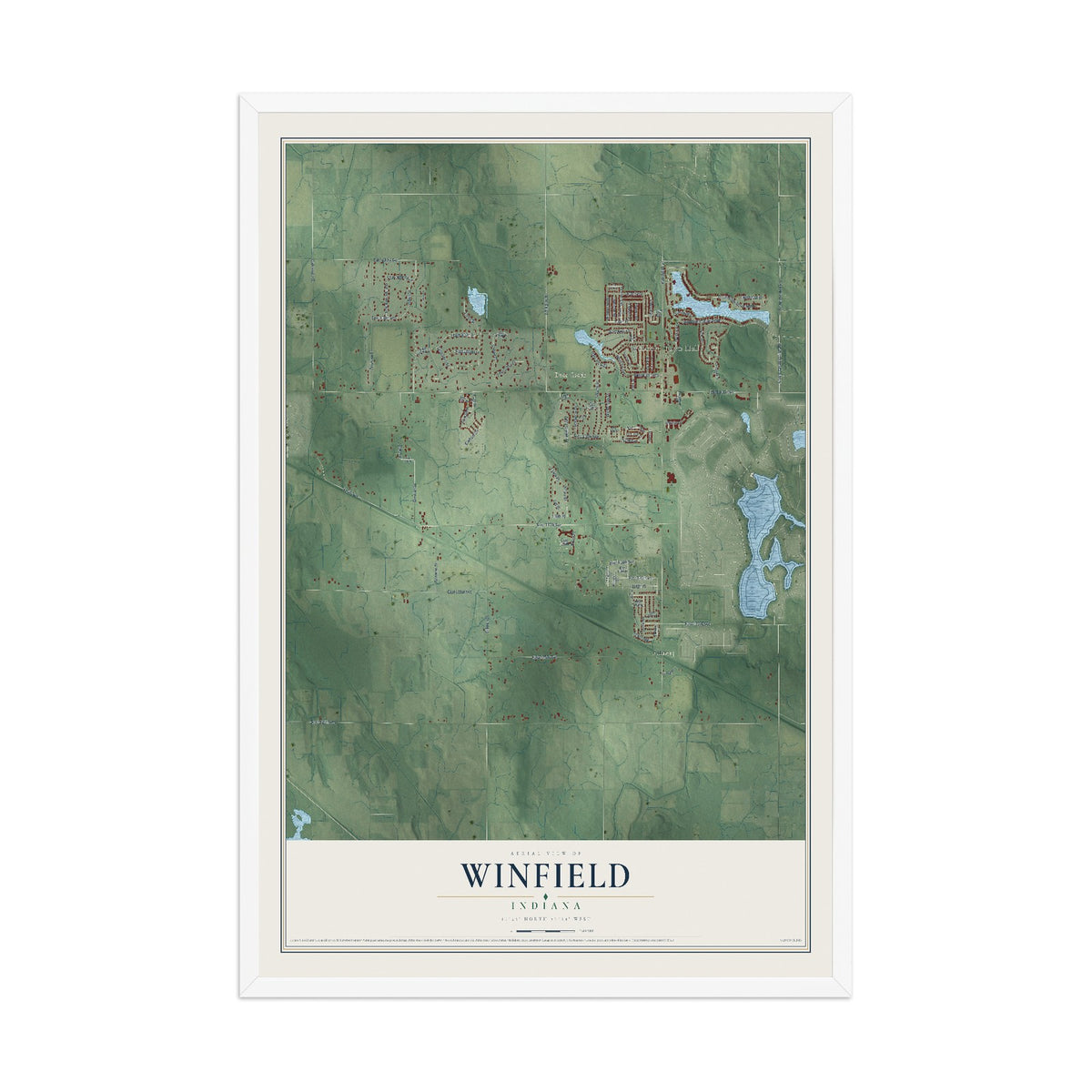 Map of Winfield, Indiana, 12 x 18 inch print in a white wood frame
