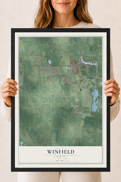 Map of Winfield, Indiana, 18 x 24 inch print in a black wood frame