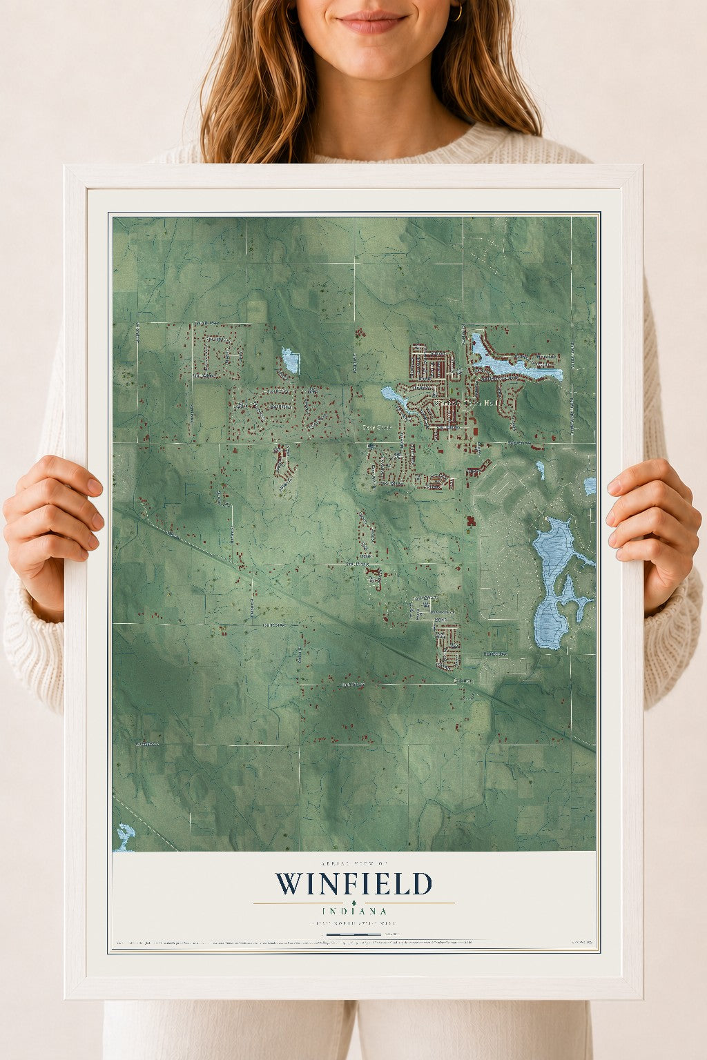 Map of Winfield, Indiana, 18 x 24 inch print in a white wood frame