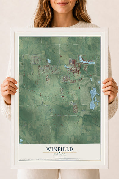 Map of Winfield, Indiana, 18 x 24 inch print in a white wood frame