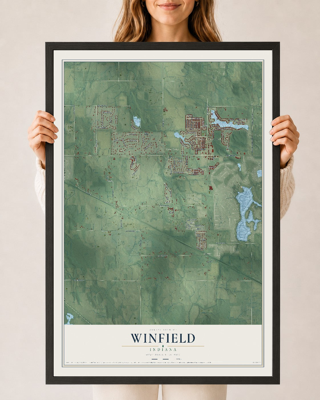 Map of Winfield, Indiana, 24 x 36 inch print in a black wood frame