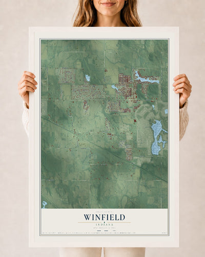 Map of Winfield, Indiana, 24 x 36 inch print in a white wood frame