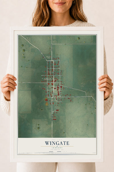 Map of Wingate, Indiana, 18 x 24 inch print in a white wood frame