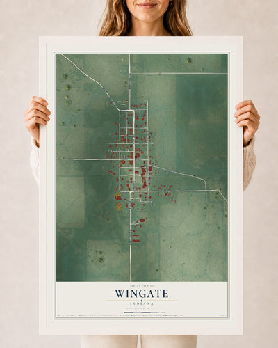 Map of Wingate, Indiana, 24 x 36 inch print in a white wood frame