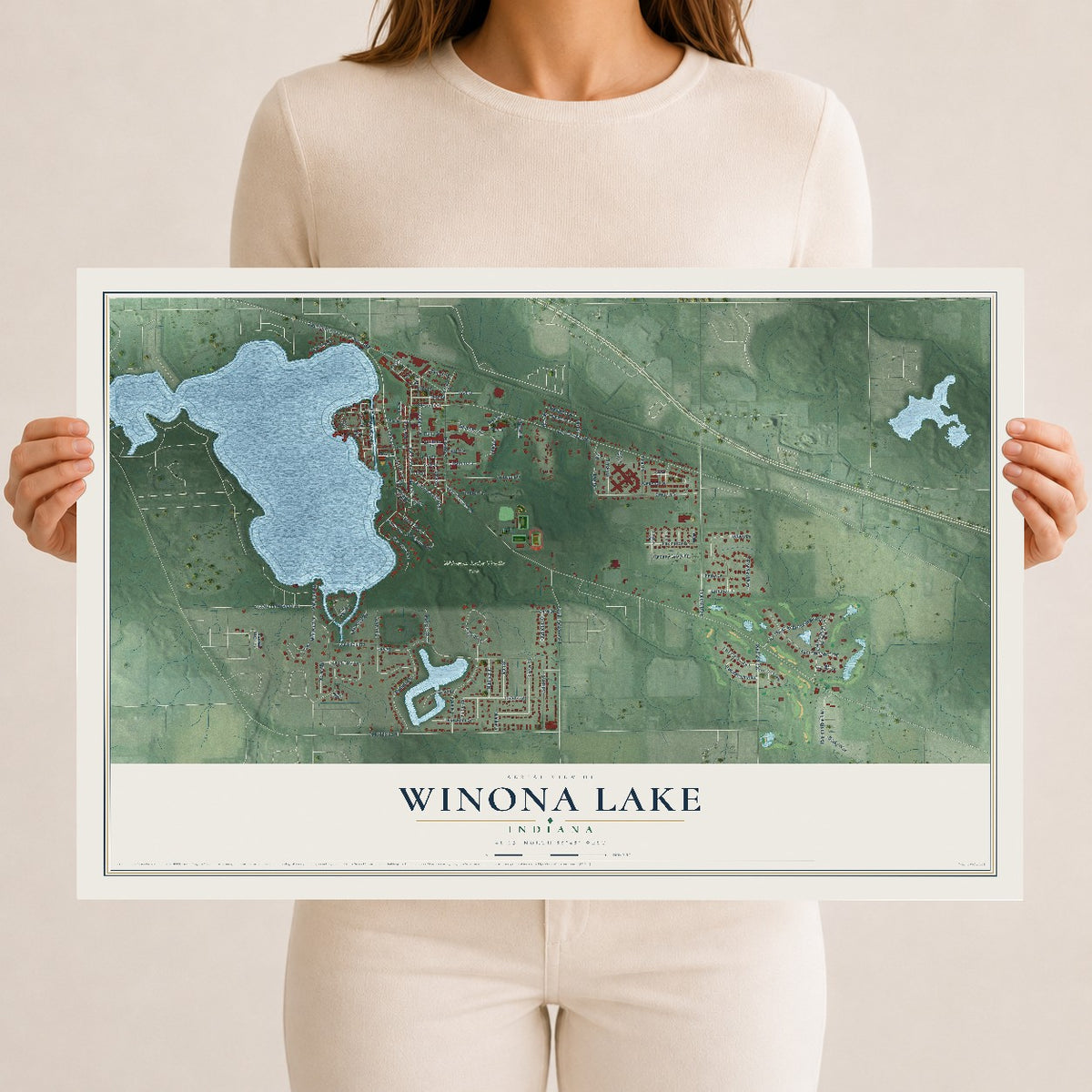 Map of Winona Lake, Indiana, 12 x 18 inch unframed archival matte print