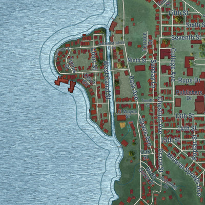 Close-up of the map of Winona Lake, Indiana print showing street and building detail