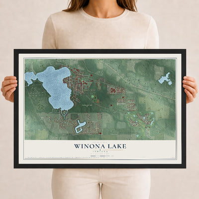 Map of Winona Lake, Indiana, 12 x 18 inch print in a black wood frame