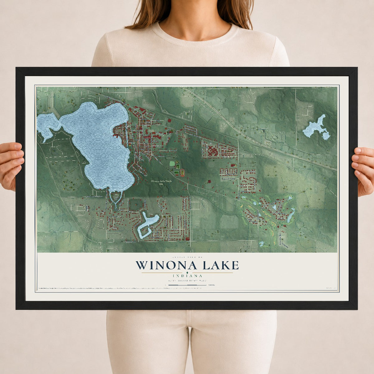Map of Winona Lake, Indiana, 18 x 24 inch print in a black wood frame