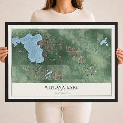 Map of Winona Lake, Indiana, 18 x 24 inch print in a black wood frame