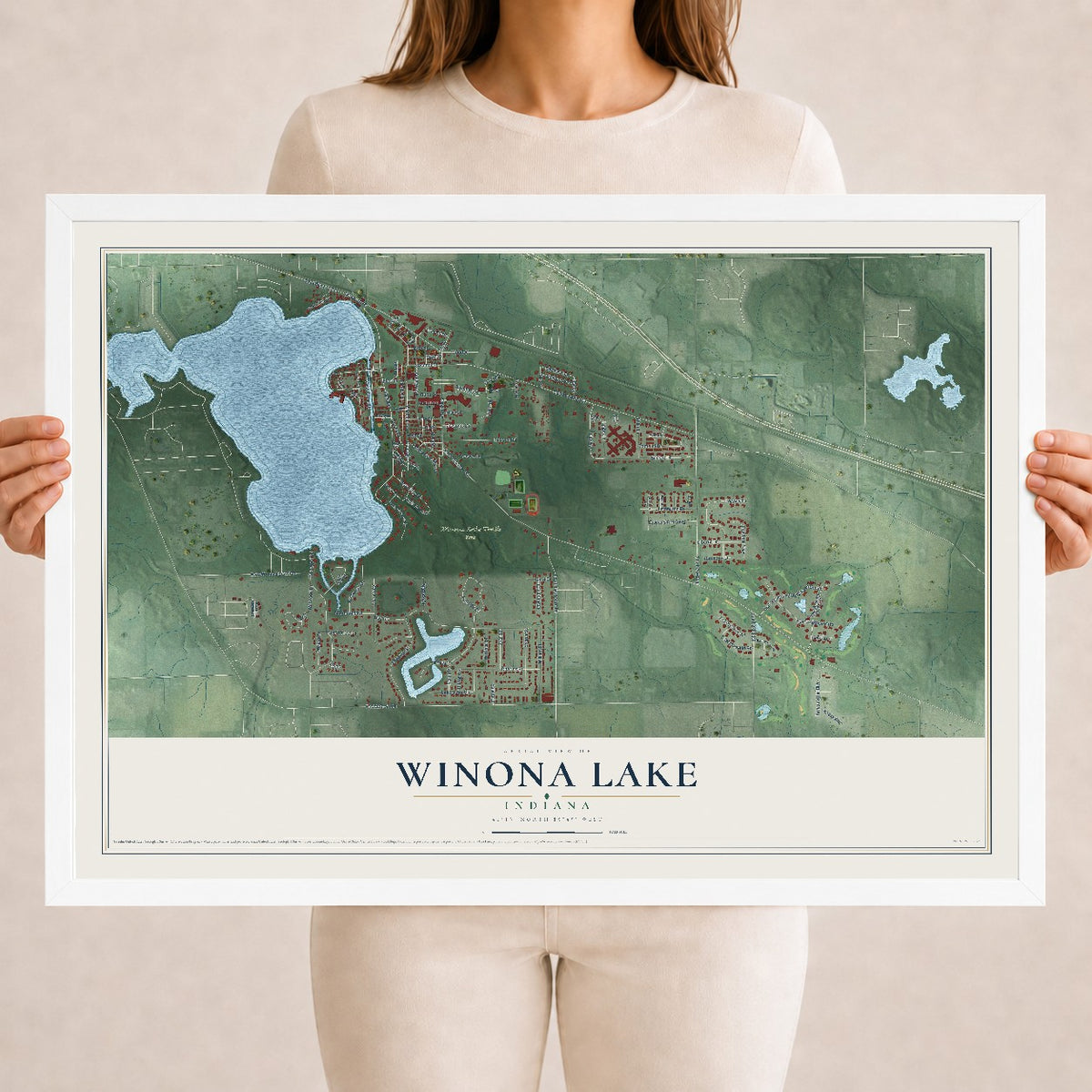 Map of Winona Lake, Indiana, 18 x 24 inch print in a white wood frame