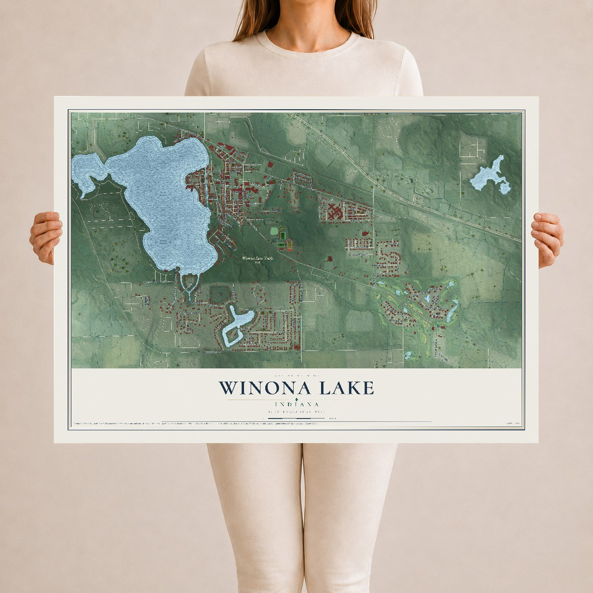 Map of Winona Lake, Indiana, 24 x 36 inch unframed archival matte print