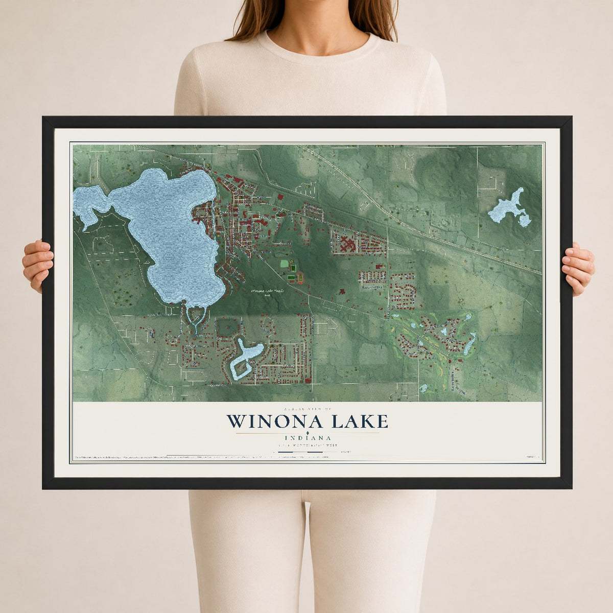 Map of Winona Lake, Indiana, 24 x 36 inch print in a black wood frame