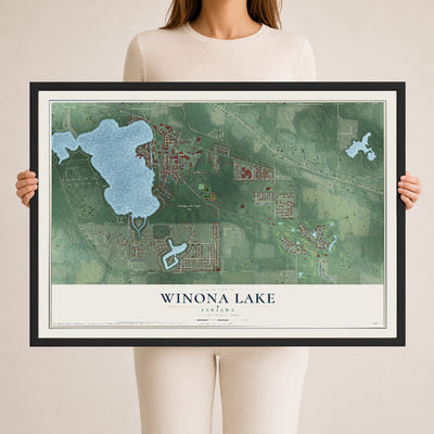 Map of Winona Lake, Indiana, 24 x 36 inch print in a black wood frame