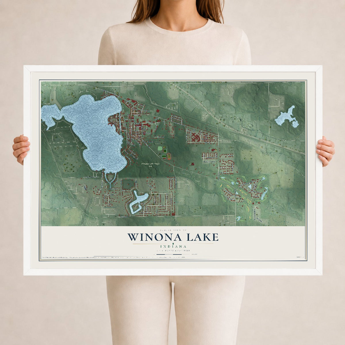 Map of Winona Lake, Indiana, 24 x 36 inch print in a white wood frame