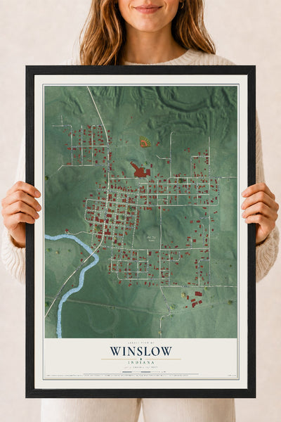 Map of Winslow, Indiana, 18 x 24 inch print in a black wood frame