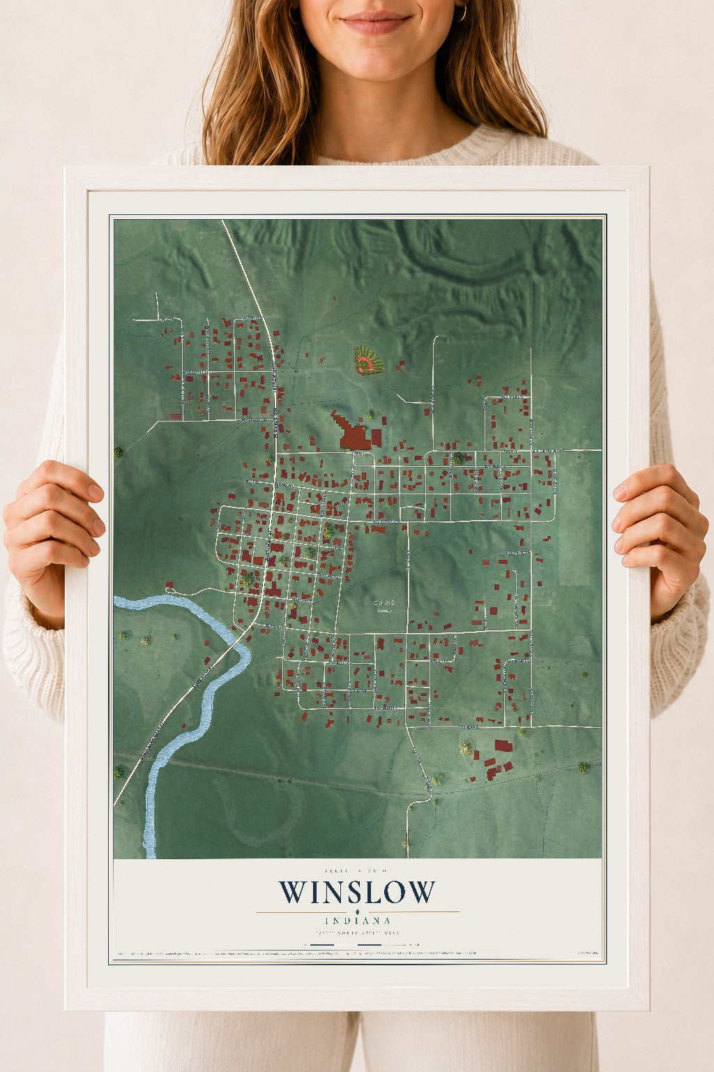 Map of Winslow, Indiana, 18 x 24 inch print in a white wood frame