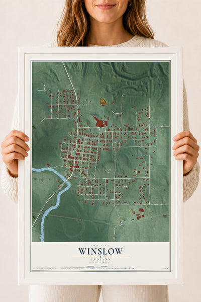 Map of Winslow, Indiana, 18 x 24 inch print in a white wood frame