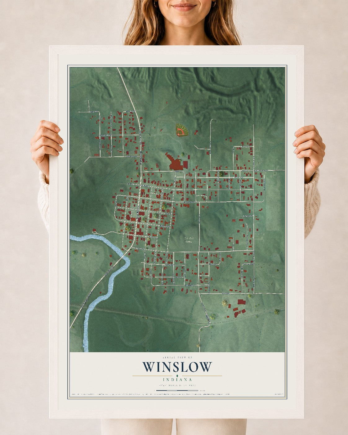 Map of Winslow, Indiana, 24 x 36 inch print in a white wood frame