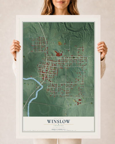 Map of Winslow, Indiana, 24 x 36 inch print in a white wood frame