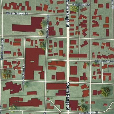 Close-up of the map of Wolcott, Indiana print showing street and building detail