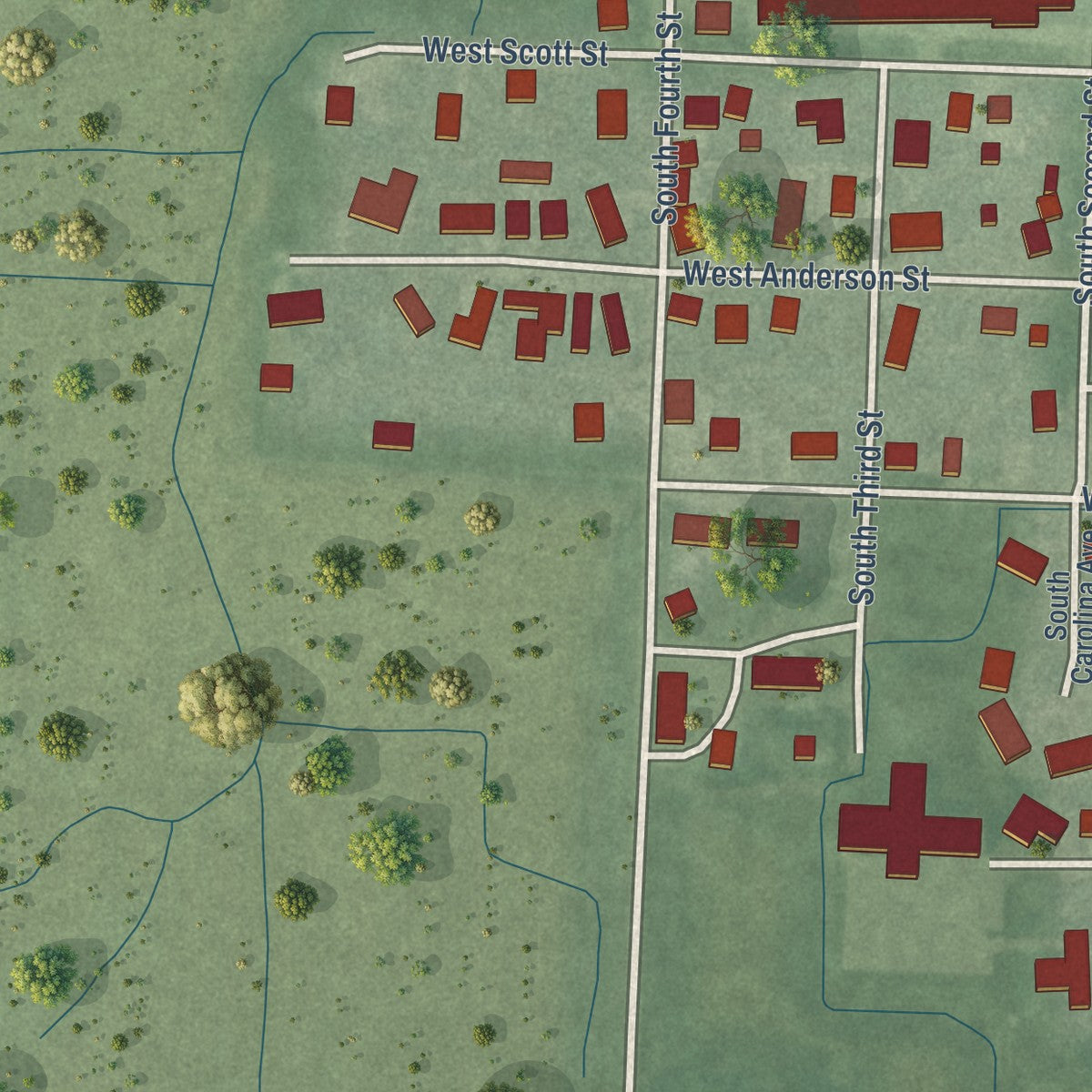 Second close-up of the map of Wolcott, Indiana print showing more streets and buildings