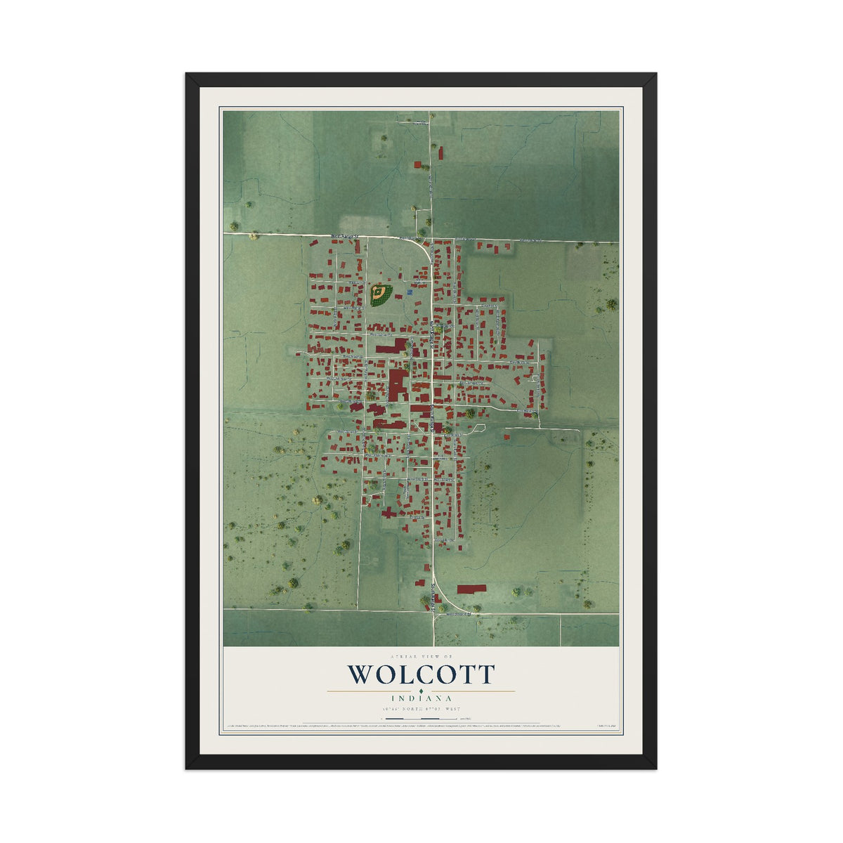 Map of Wolcott, Indiana, 12 x 18 inch print in a black wood frame