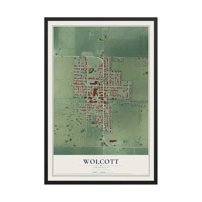 Map of Wolcott, Indiana, 12 x 18 inch print in a black wood frame